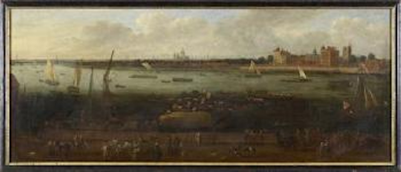 A panoramic view of Lambeth Palace seen across the Thames with figures in the foreground and St Paul's in the distance by English School