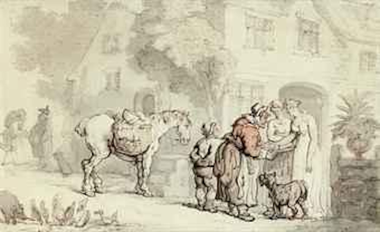 A pedlar selling her wares at a country manor by Thomas Rowlandson