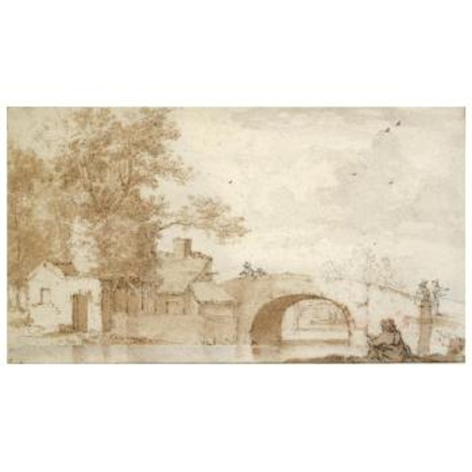 A Bridge Over A Canal, With A Draughtsman Seated In The Foreground And Cottages On The Opposite Bank by Jan de Bisschop