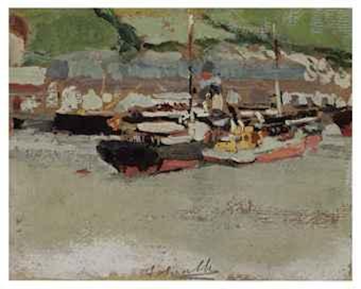 Boats in a harbor by Joaquin Sorolla Y Bastida