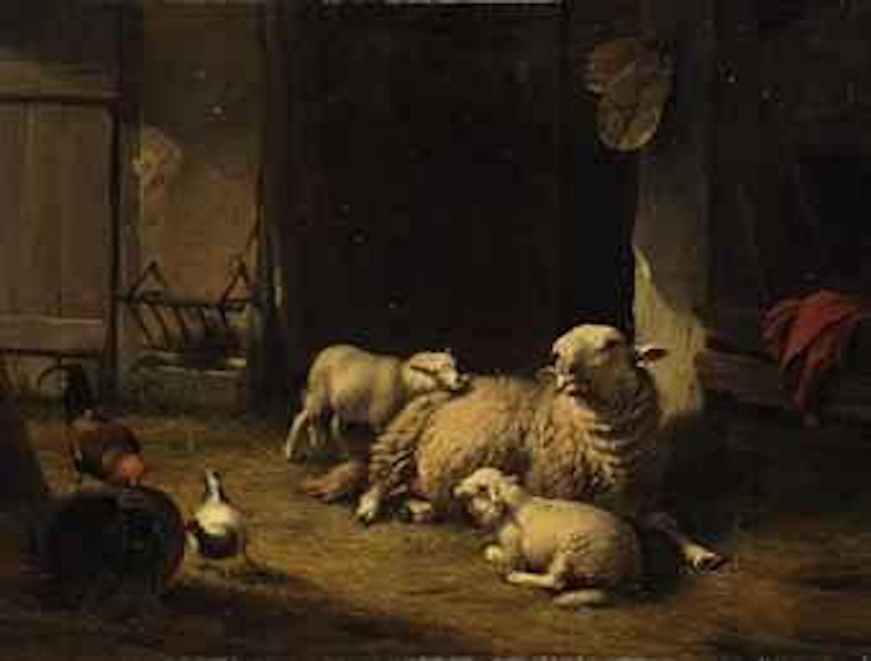 A ewe and lambs in a barn by Eugène Joseph Verboeckhoven