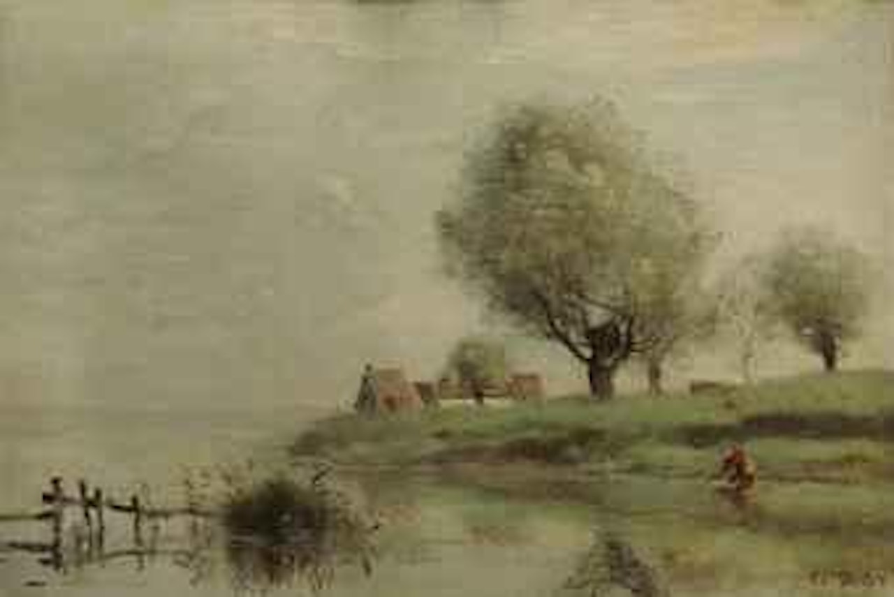 Chaumières au bord de l'eau by Jean Baptiste Camille Corot