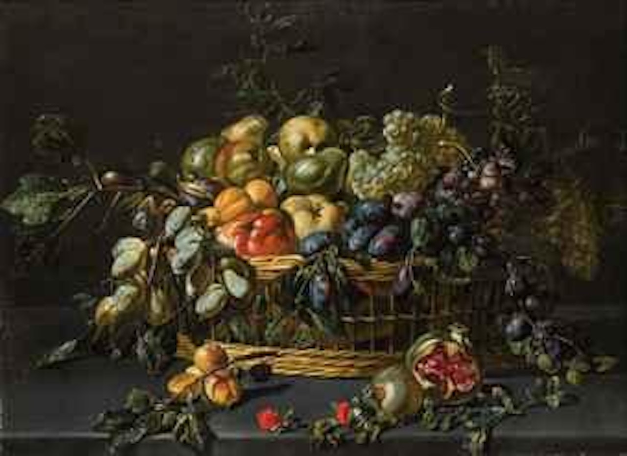 A basket of grapes, apples, pears, peaches, apricots and other fruit on a ledge by Adriaen van Utrecht