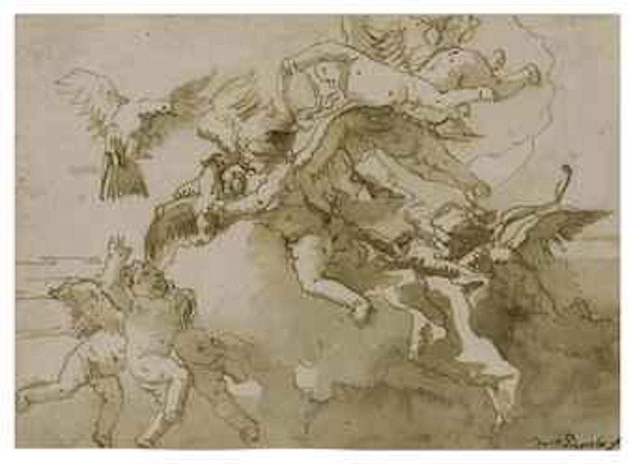 Cupid blindfolded frolicking with doves and other putti in the clouds by Giovanni Domenico Tiepolo