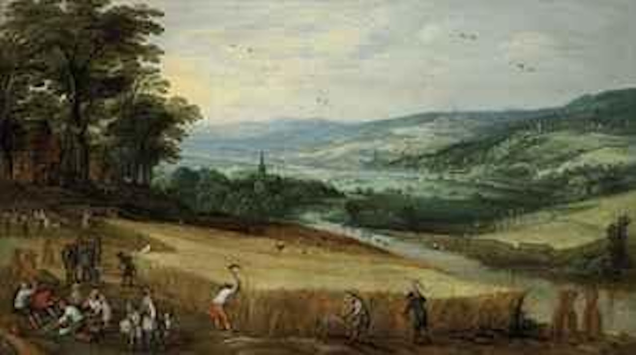 An extensive landscape with harvesters by Jan Brueghel by Joos de Momper the Younger