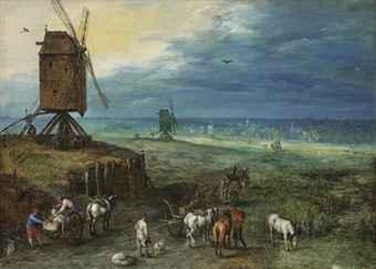 An extensive landscape with figures unloading carts beside a windmill on a knoll by Jan Brueghel the Younger