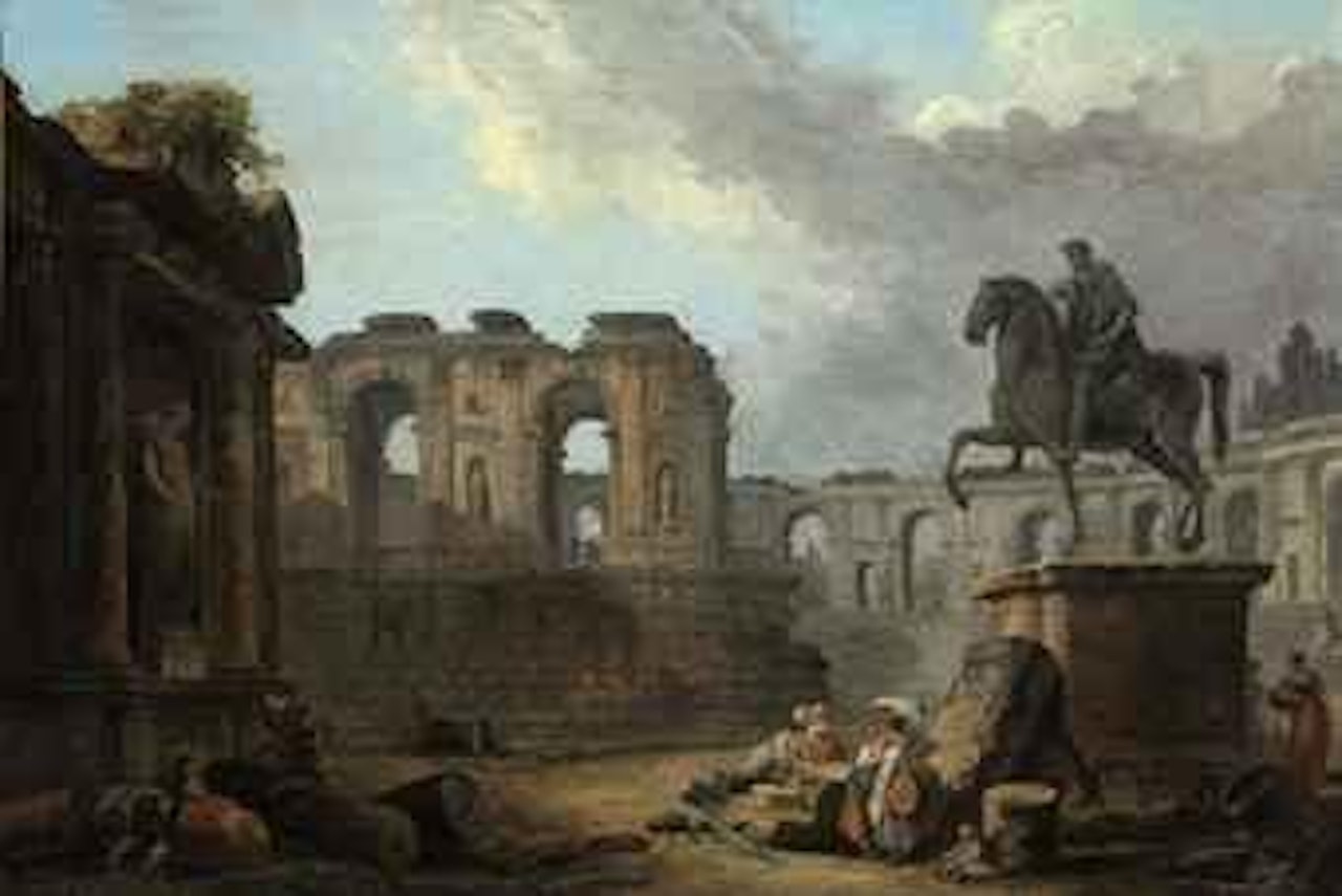 A Roman capriccio with washerwomen by the Statue of Marcus Aurelius by Hubert Robert
