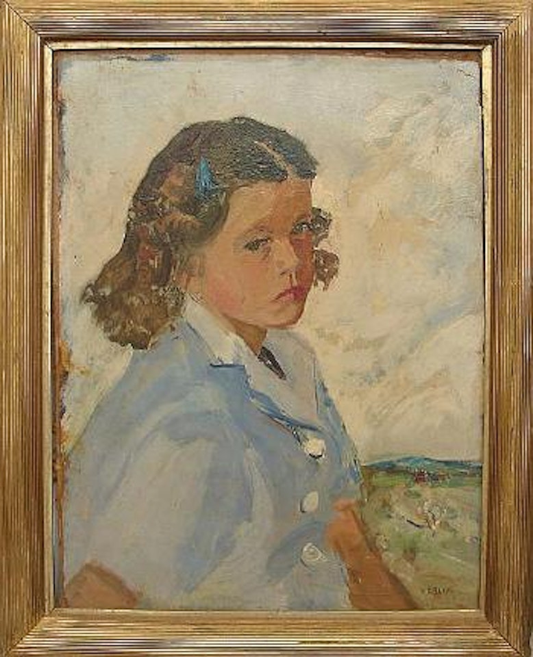 Portrait of a young girl with landscape in distance by Walter Emerson Baum
