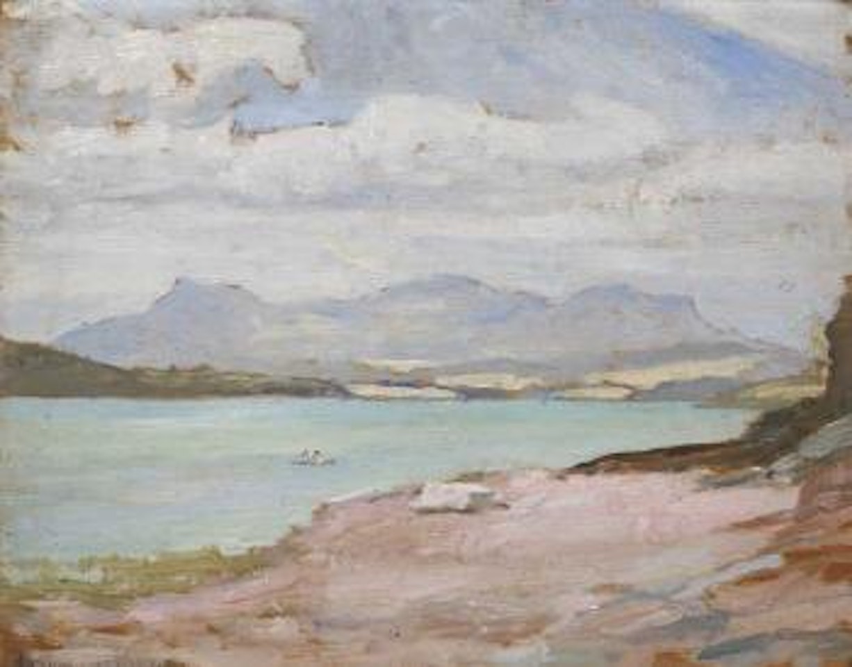 Two figures in a boat with mountains beyond by Maurice Canning Wilks
