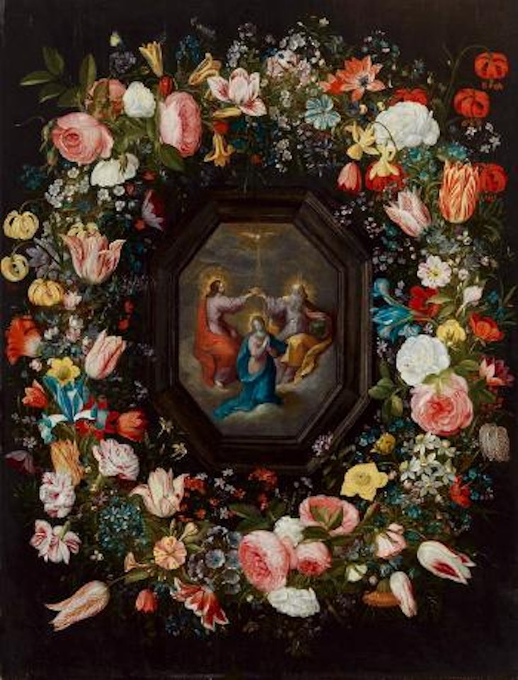 Blumenkranz um eine Krönung Mariens by Andries Daniels by Frans Francken II