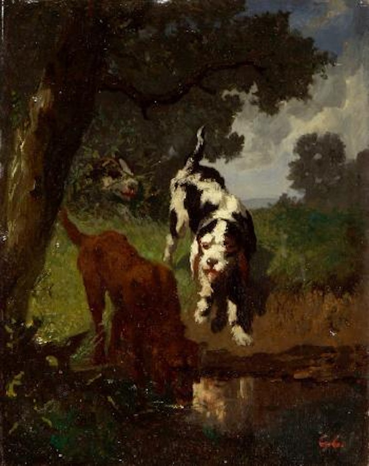 Drei Jagdhunde an der Tränke by Gustave Courbet