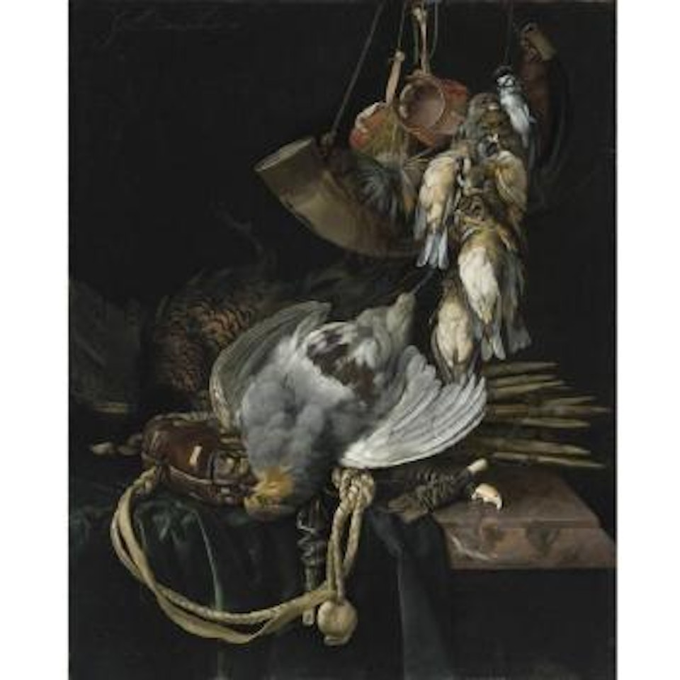 A Partridge, A Pheasant, A Hunting Bag And Traps On A Partially Draped Ledge, Songbirds, A Hunting Horn And Hawking Hoods Hanging Above by Willem van Aelst