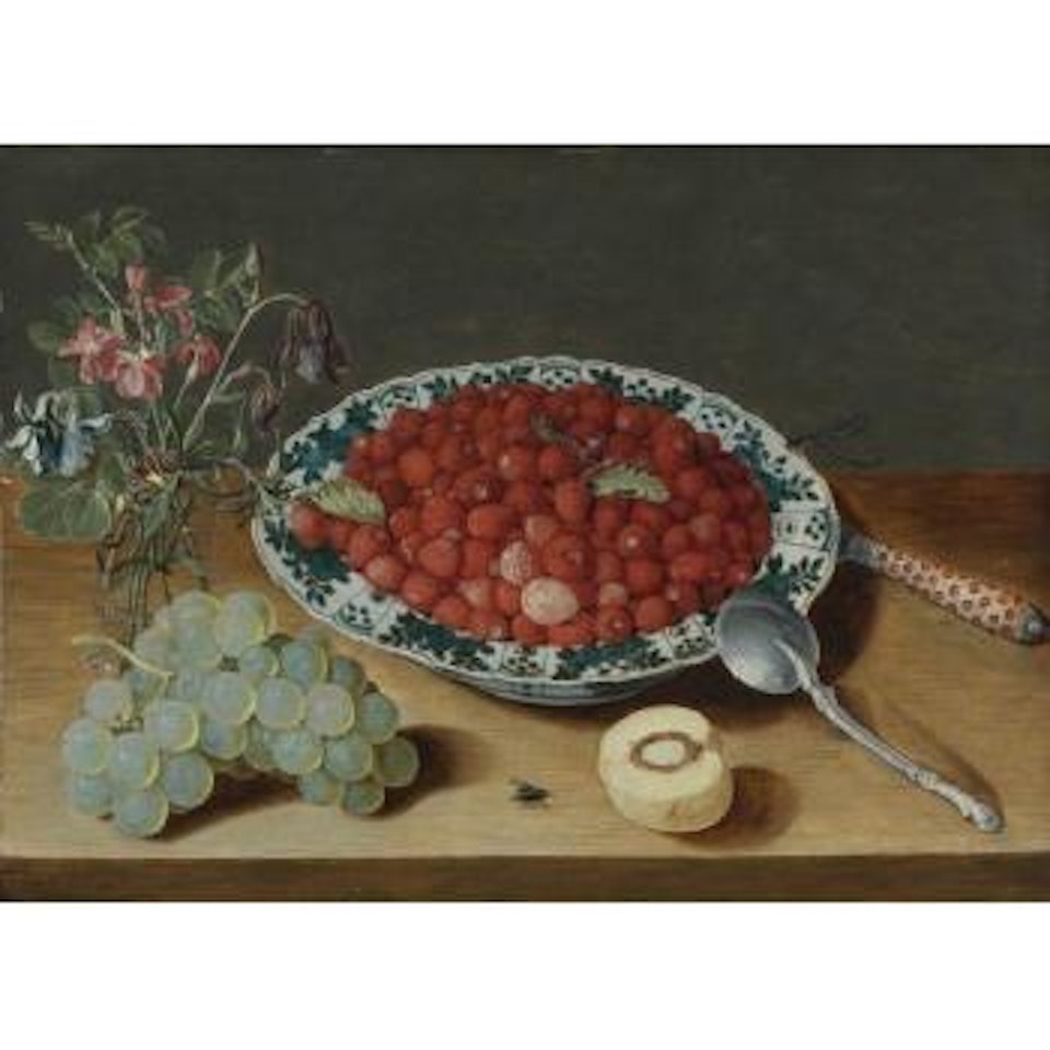 A Still Life With Strawberries In A Wan-li Porcelain Bowl, A Bunch Of Grapes, Glass Vase With Columbines And Eglantine, Silver Spoon, Inlaid Knife And A Half Peach With A Fly And Dragon Fly On Wooden Table Top by Isaak Soreau