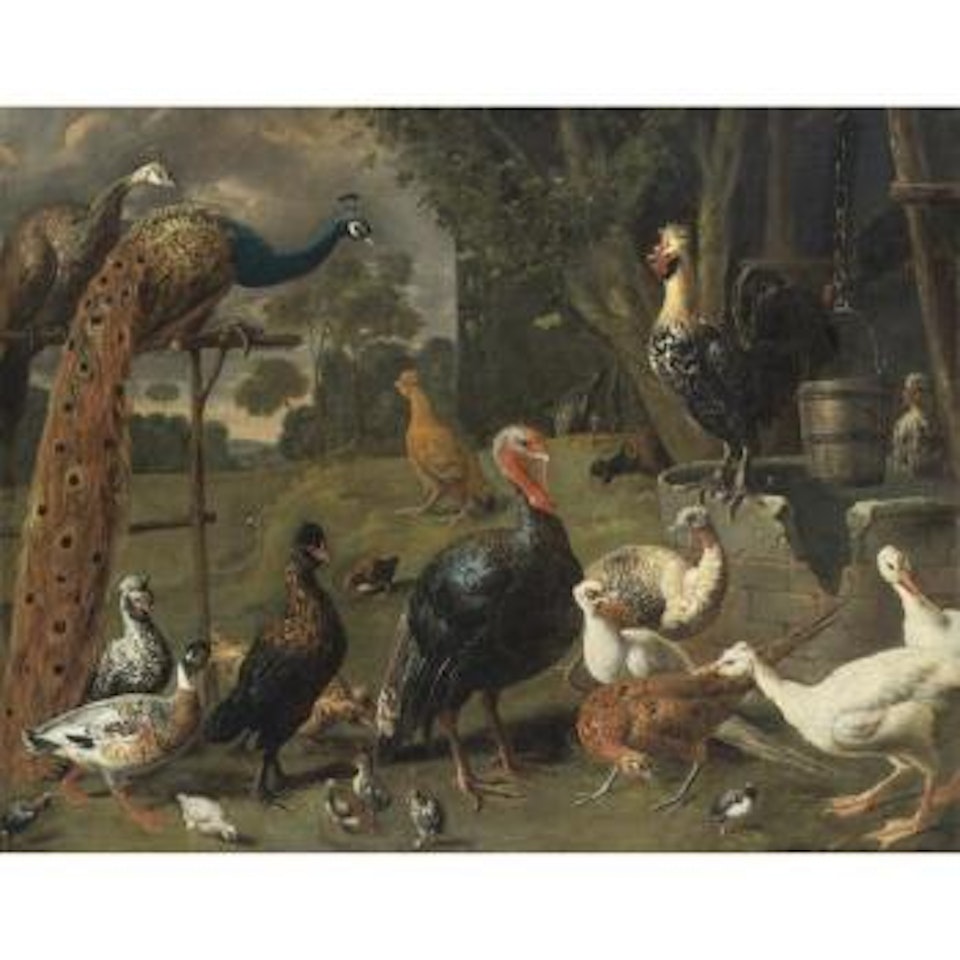 Peacock And Peahen On A Perch, Turkeys, A Pheasant And Poultry By A Well by Adriaen van Utrecht