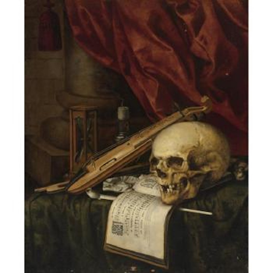 A Vanitas Still Life With A Skull, A Violin, A Musical Score, A Pipe And Tobacco, An Hourglass And A Candle On A Draped Table by Simon Renard de Saint-Andre