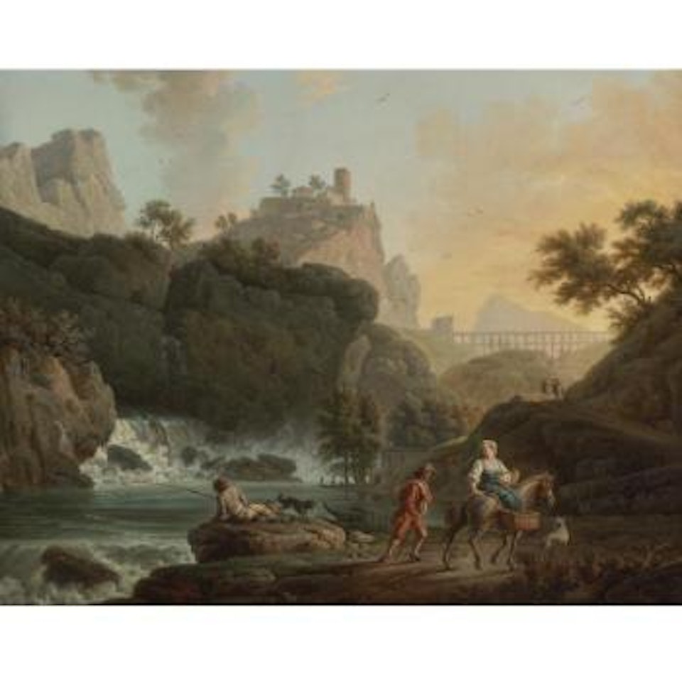 A Rocky Landscape With A Fisherman And Travellers By A River With A Waterfall, An Aqueduct In The Distance by Claude Joseph Vernet