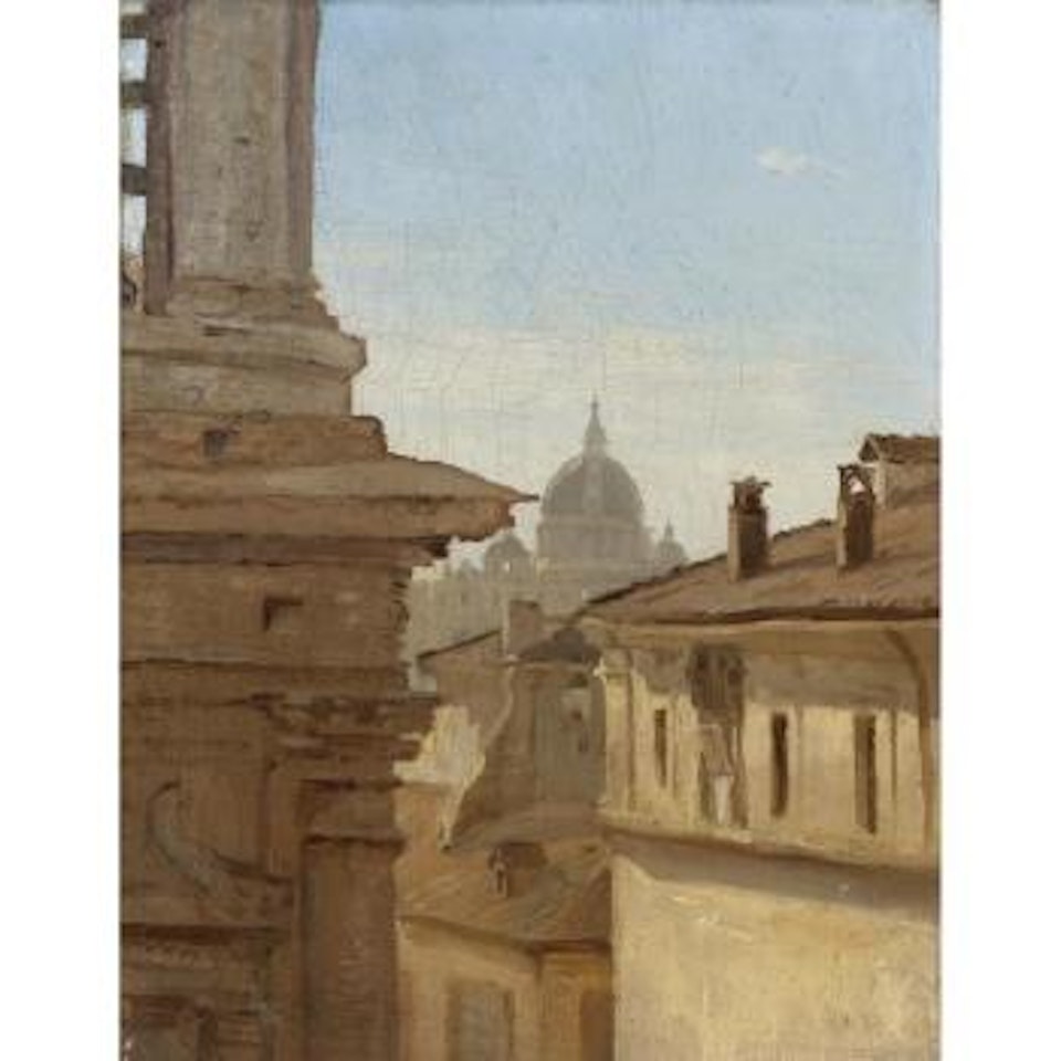 View Of The Rooftops Of Rome With St. Peter's Basilica Beyond by Jean Baptiste Camille Corot