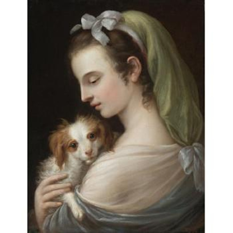 A Woman With A King Charles Spaniel by German School