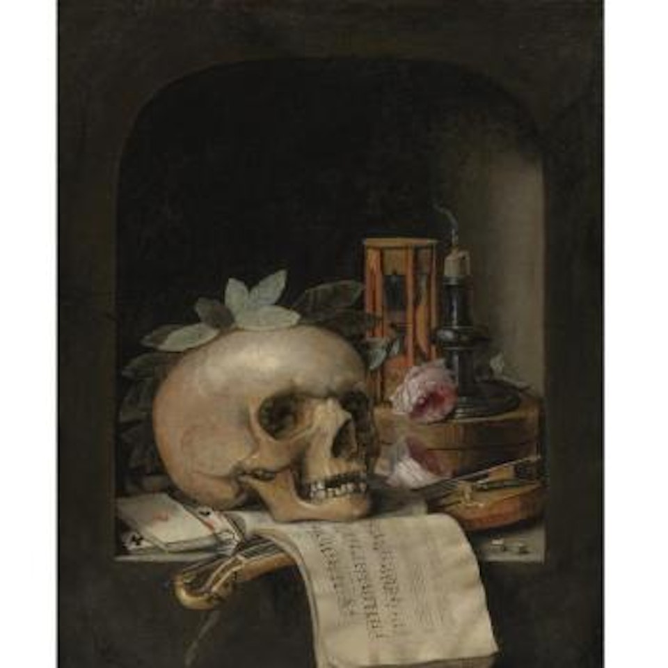 Vanitas Still Life With A Wreathed Skull, Pochette Violin And Bow, Deck Of Cards, Musical Score, Pair Of Dice, Box Inscribed 'Poudre De Civet,' Two Roses, An Hourglass And A Snuffed-out Candle In A Stone Niche by Simon Renard de Saint-Andre