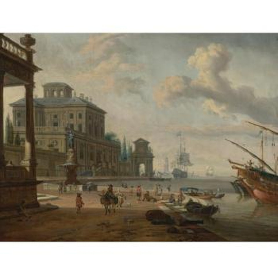 Italianate Harbor Scene With Figures And Animals In A Grand Architectural Setting by Abraham Storck
