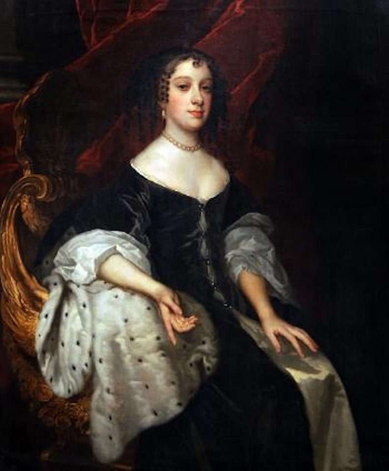 A portrait of Catherine of Braganza, seated in a shell scroll chair, three quarter length, in black gown and ermine cloak, with red velvet curtain and column beyond by Sir Peter Lely