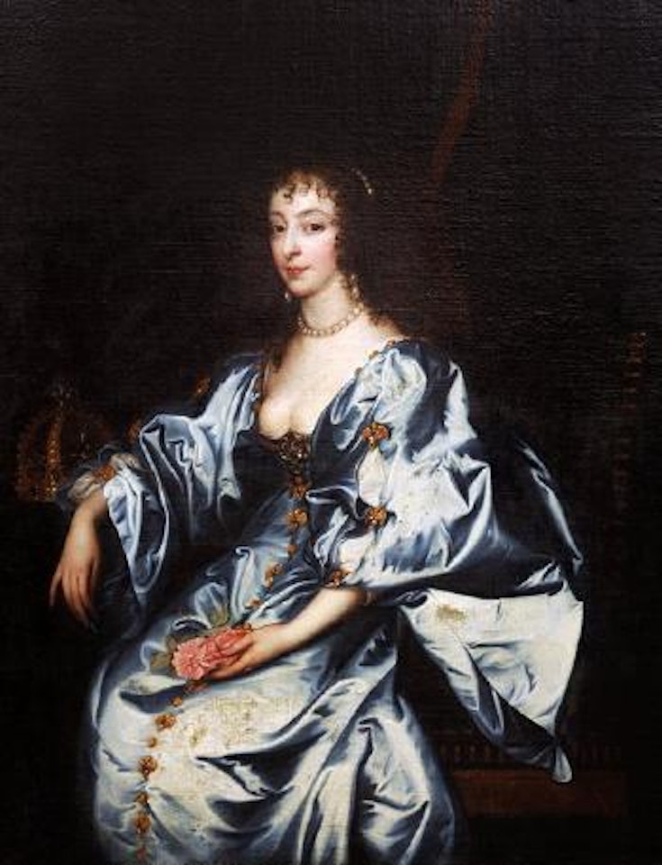 Queen Henrietta Maria, seated three quarter langth in blue gown with angel jewels, holding pink roses in her lap, a crown on the table at her side by Anthony van Dyck