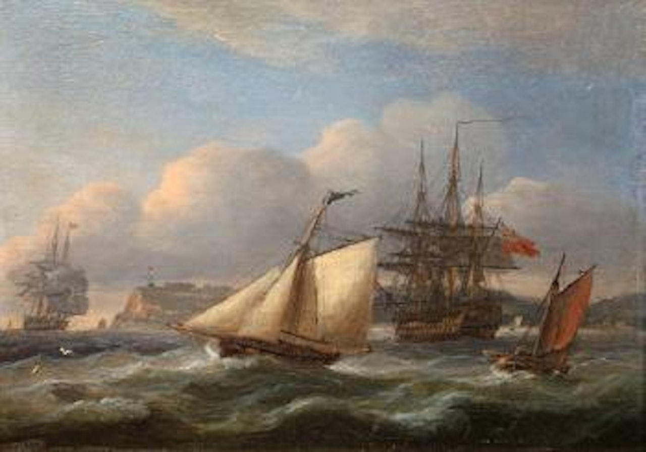 Shipping in rough seas with distant cliffs by Thomas Luny