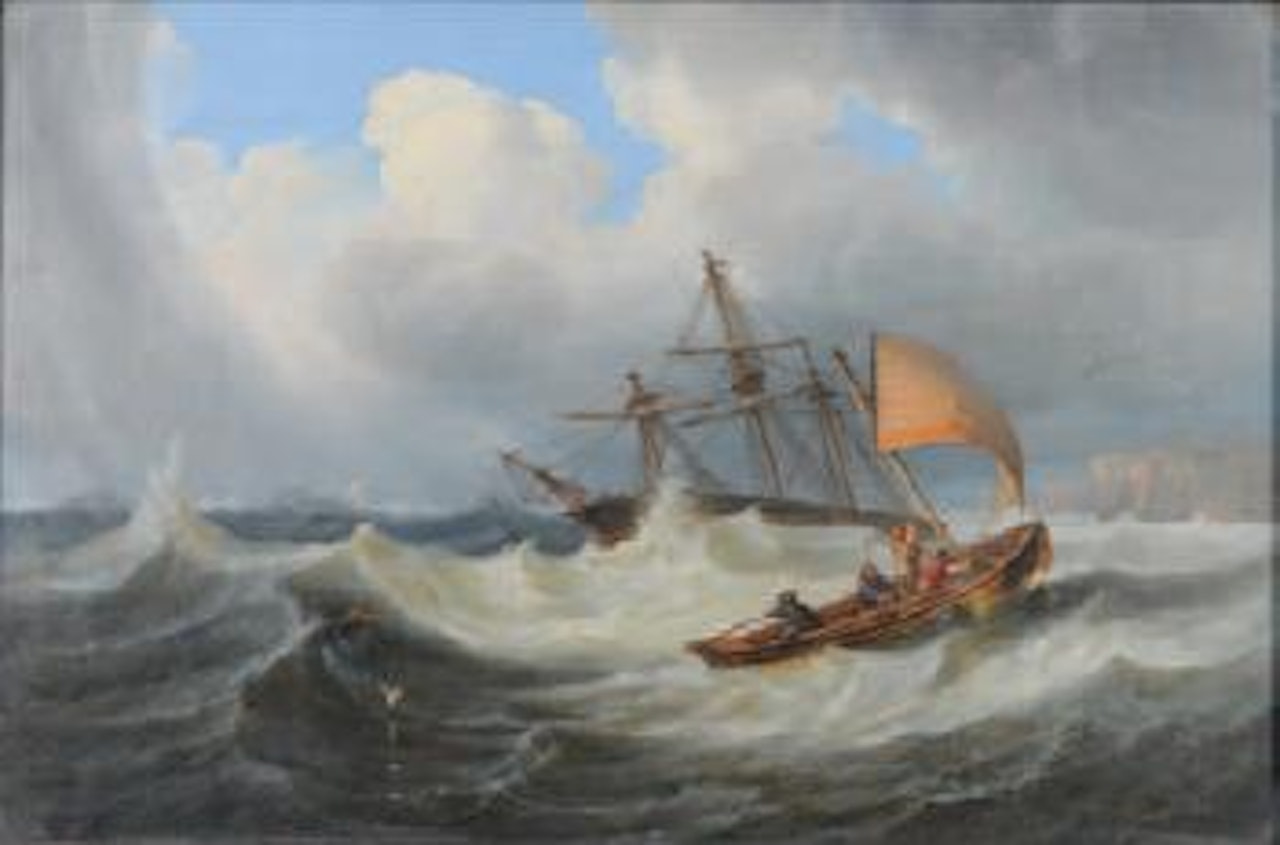 A three masted merchantman lying to wind, under anchor, in a gale off a lee shore, a fishing smack running before the storm in the foreground by John Wilson Carmichael