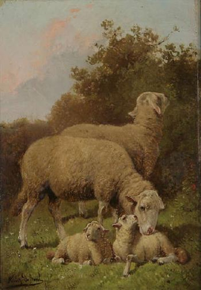 Sheep and goats at the fringe of the woods by Frans de Beul