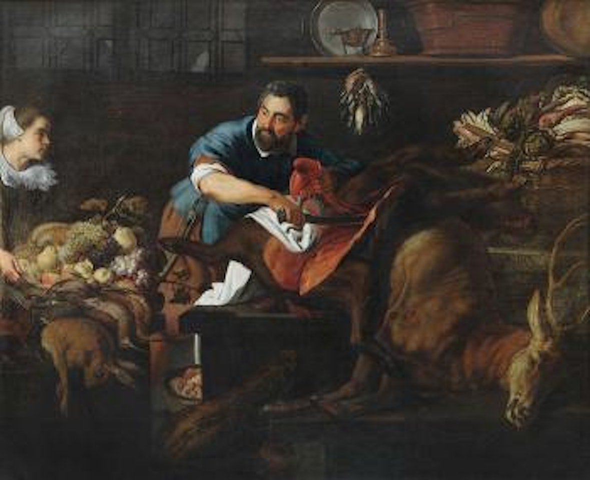 Kitchen scene with butcher slaughtering a wild boar with deer, game, vegetables and young woman with basket of fruit by Adriaen van Utrecht