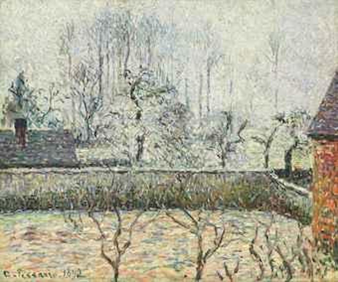 Paysage avec maisons et mur de clôture, givre et brume, Éragny by Camille Pissarro