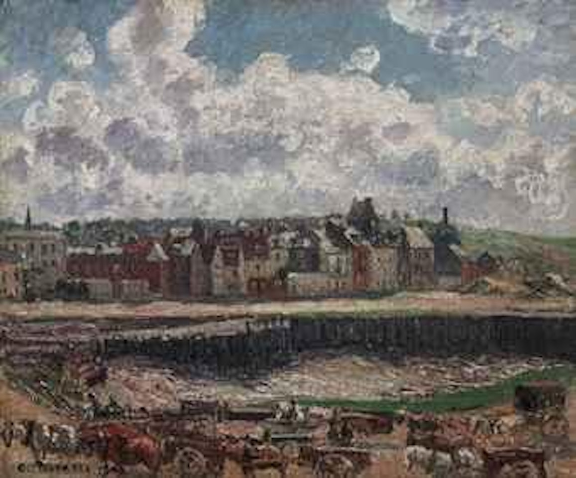 Chevaux et charrettes devant la darse de pêche, Dieppe, marée basse by Camille Pissarro