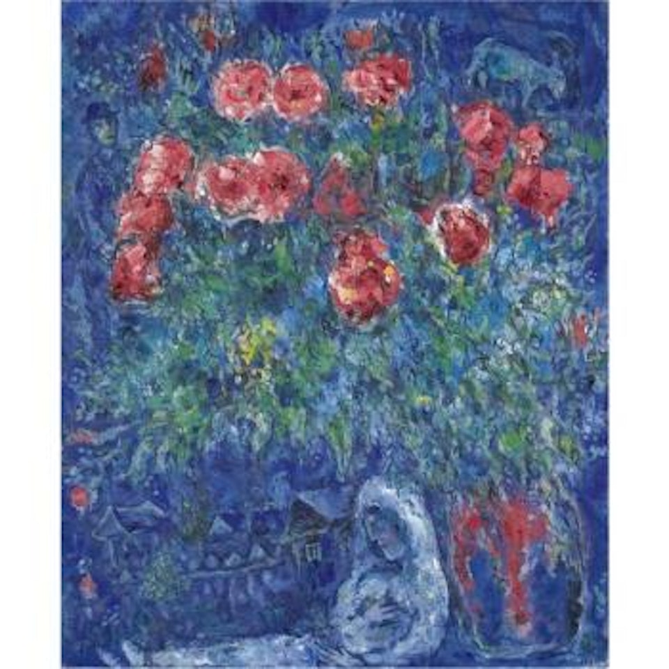 Les Mariés Et Le Bouquet De Fleurs Rouges by Marc Chagall