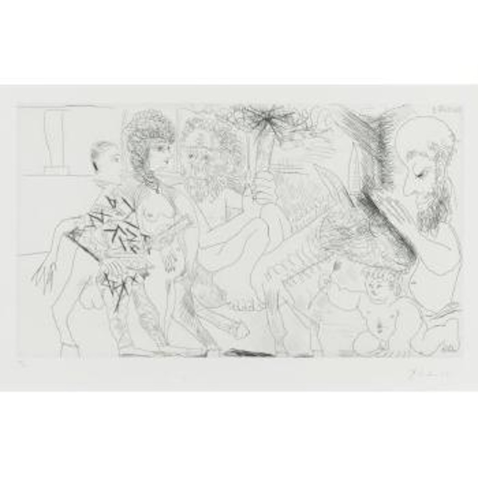 Groupe Avec Vieillard Ã La Torche Sur Un Ane Amoureux, Femme Et Arlequin (B. 1484; Ba. 1499) by Pablo Picasso