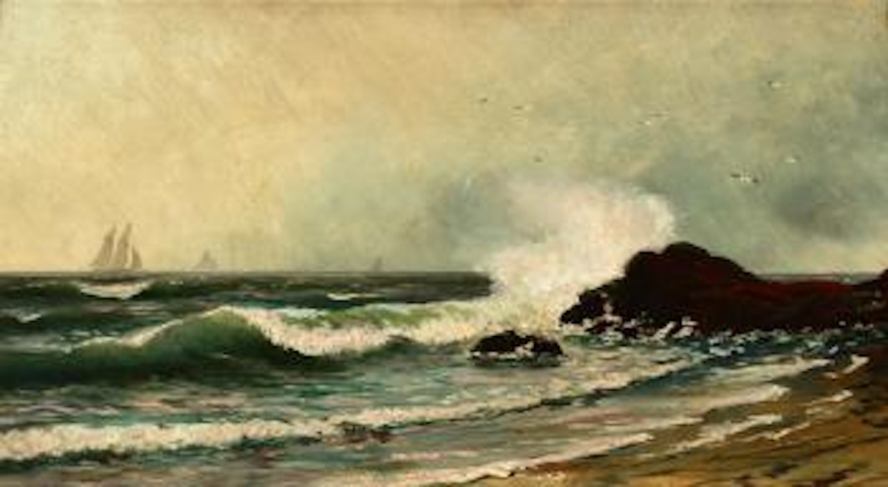 Coastal with crashing wave and distant sails by Alfred Thompson Bricher