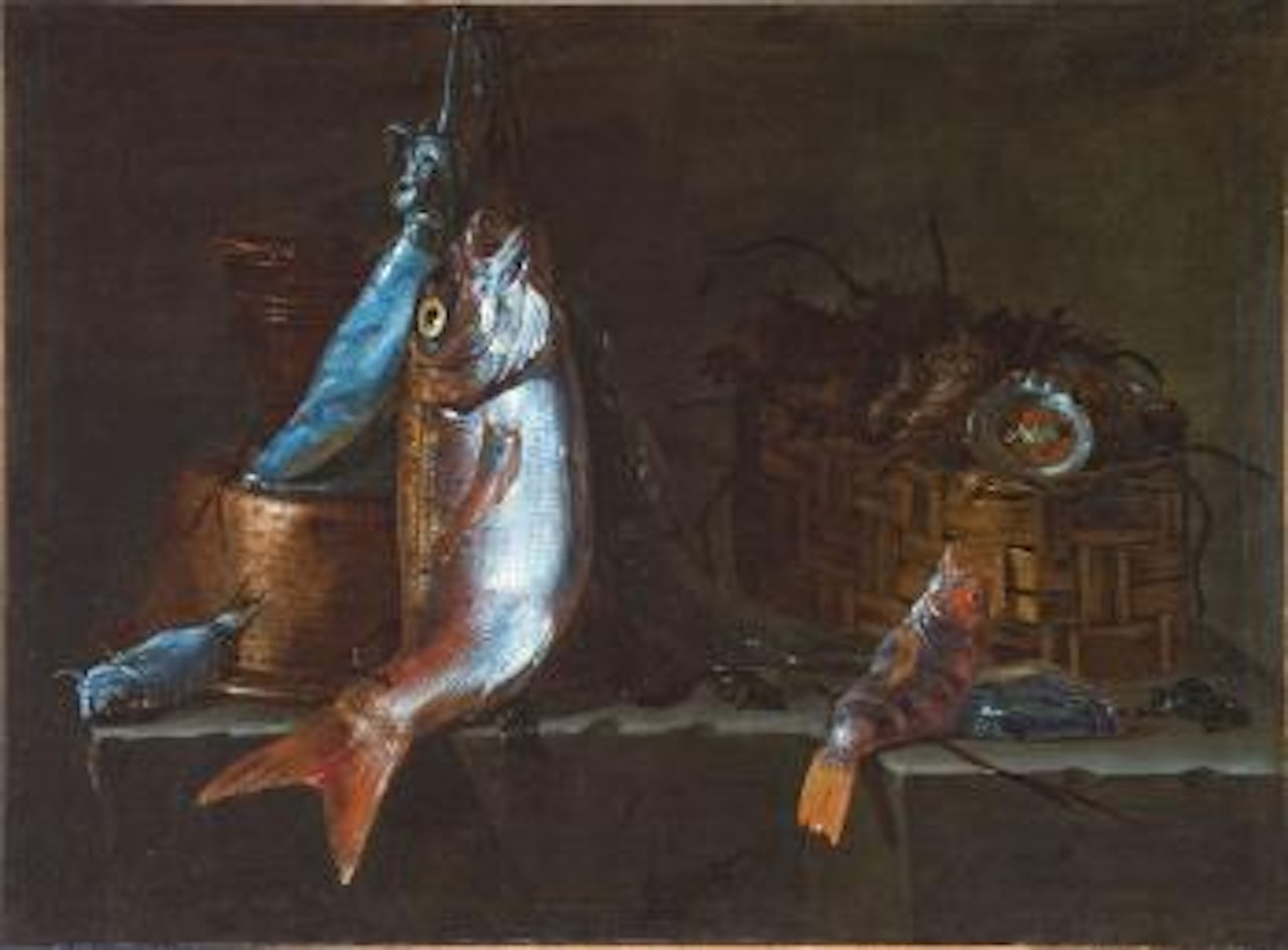 Un calamaro, una spigola, e un altro pesce presso un secchio di rame appoggiato su un bacile di rame capovolto:  Ostriche in un cesto e altri due pesci su un piano di pietra by Giuseppe Recco