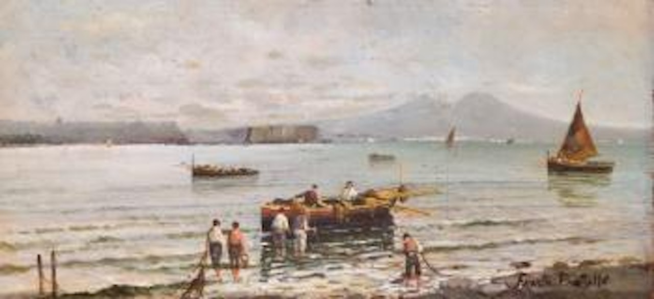 Marina con pescatori e Vesuvio sullo sfondo by Fausto Pratella
