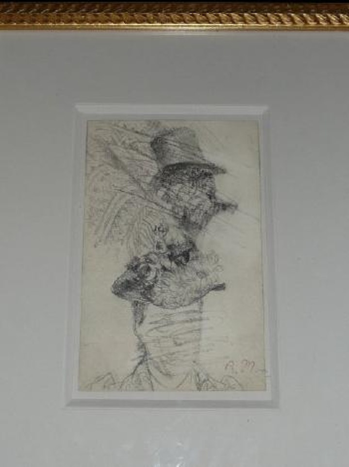 Etudes du visage d'une femme portant un chapeau à fleurs et d'un homme de profil portant un haute de forme, raturés by Adolph Menzel