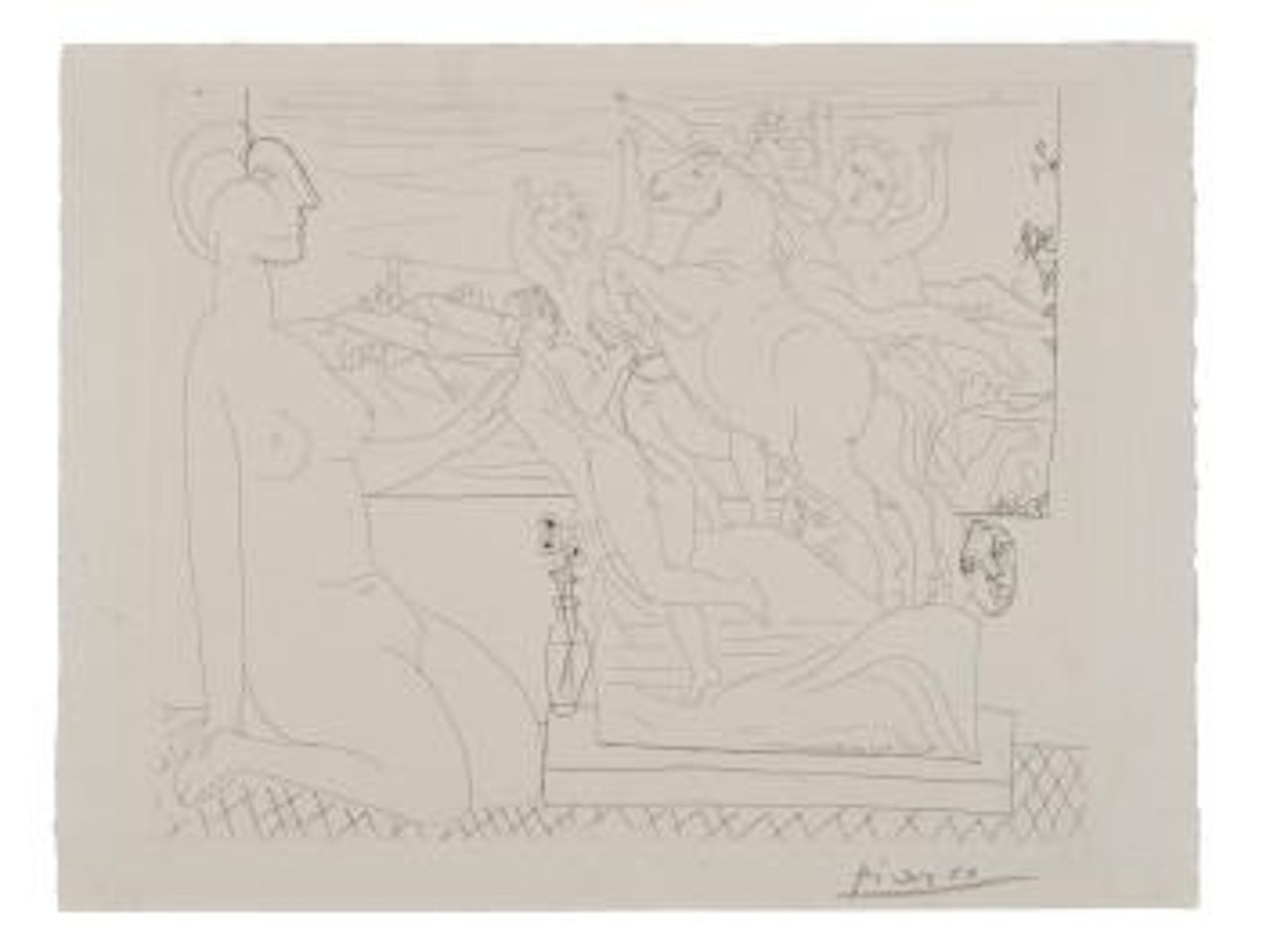 Marie-Therese Agenouillee con-templant un groupe sculpte (Pl. 66 from suite Vollard) by Pablo Picasso