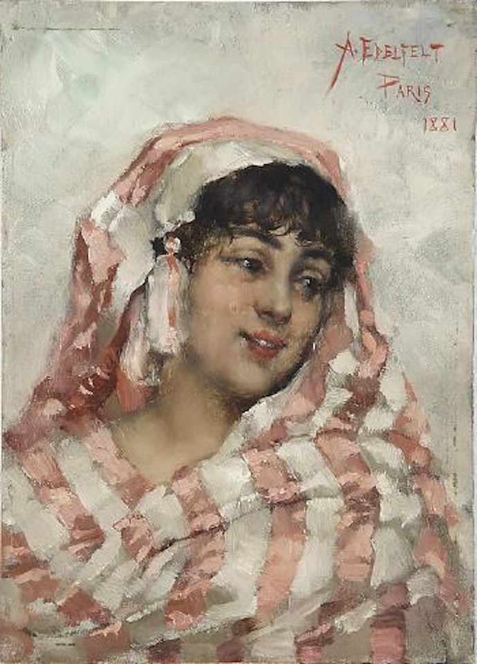 Hymyilevä malli raidallisessa shaalissa by Albert Edelfelt