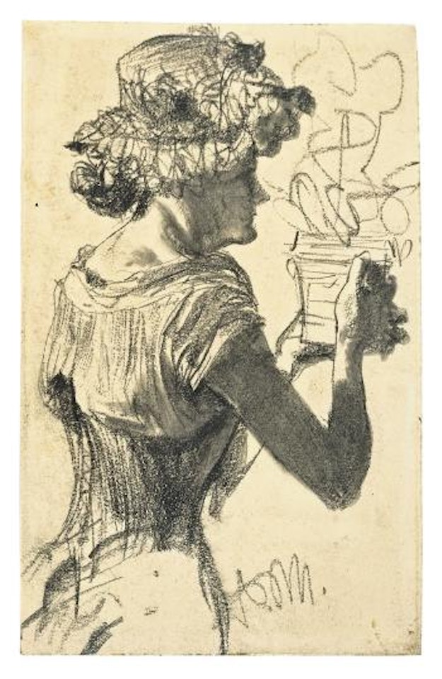 Frau mit Blumentopf by Adolph Menzel