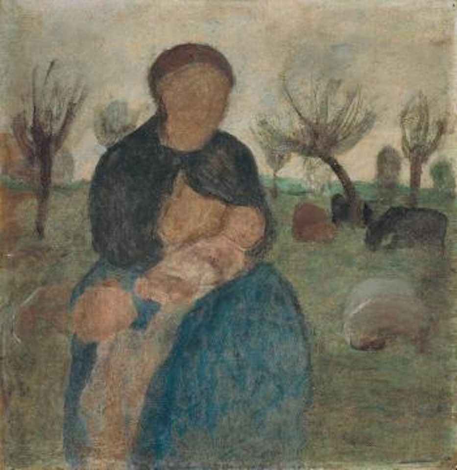 Mutter mit Säugling an der Brust und Kind in Landschaft by Paula Modersohn-Becker