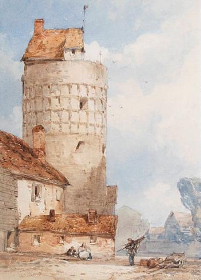 Travellers resting before a tower by William Callow
