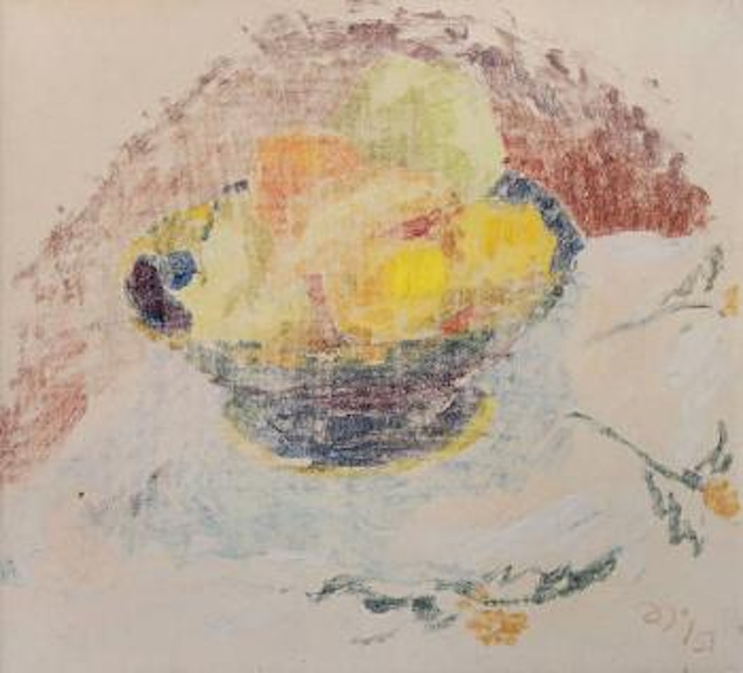 Still life, fruit in a bowl, on a patterned cloth by Duncan Grant