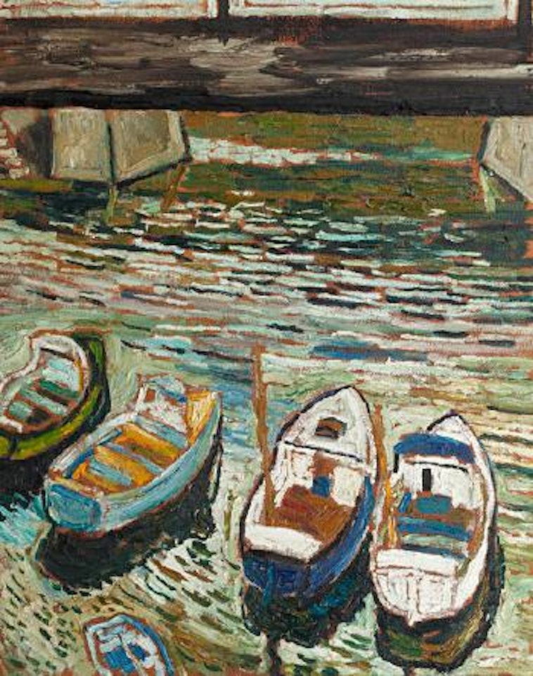 Five boats at low-tide by John Bratby