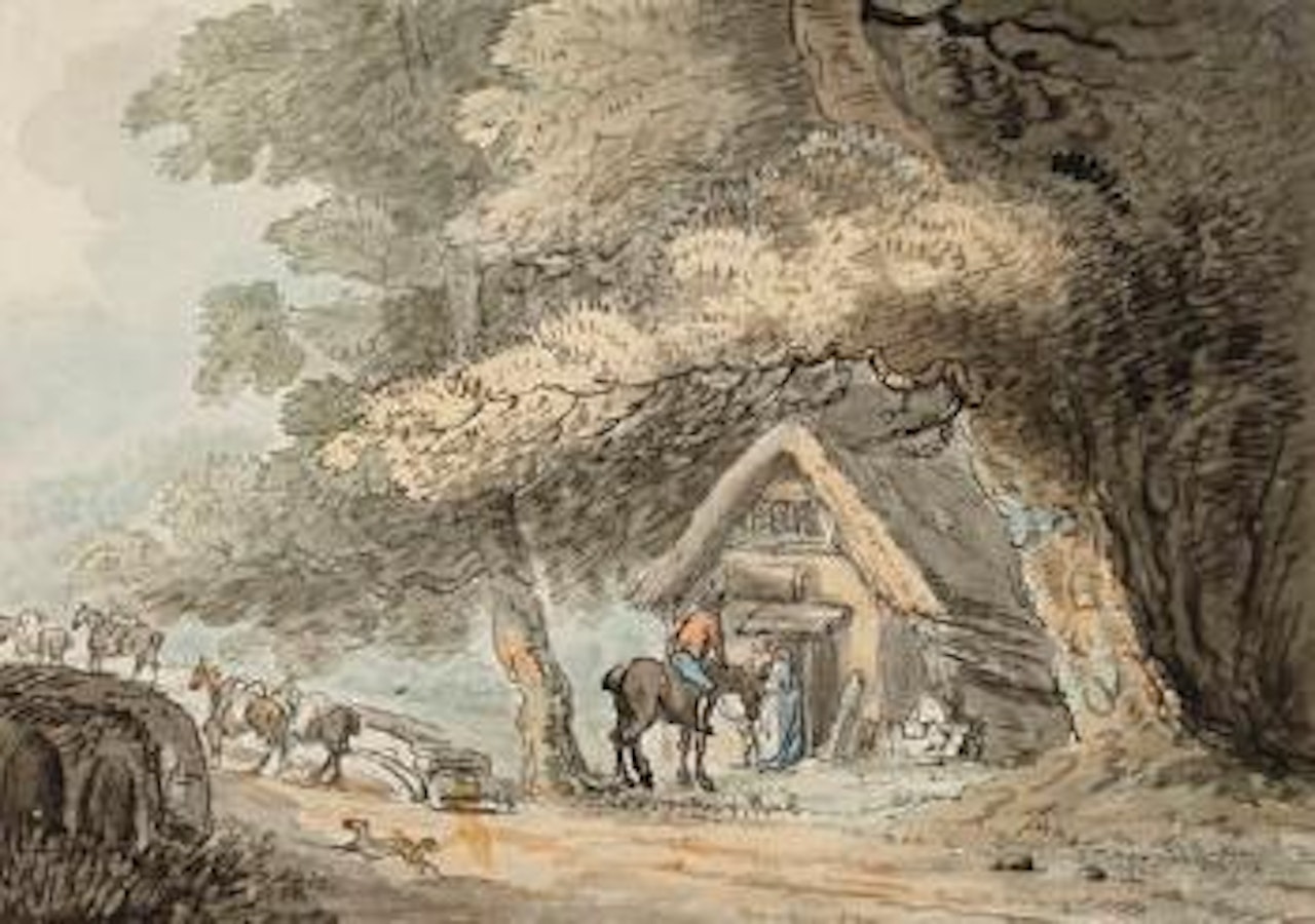 Figures before a thatched woodland cottage by Thomas Rowlandson