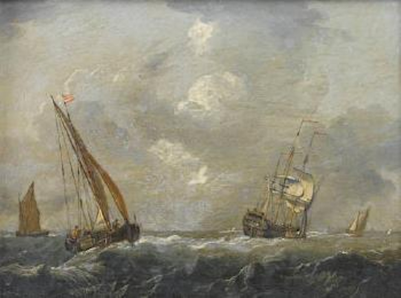 An English frigate hove-to and wallowing in heavy seas, with small craft, including a Dutch hoy, nearby by Francis Swaine