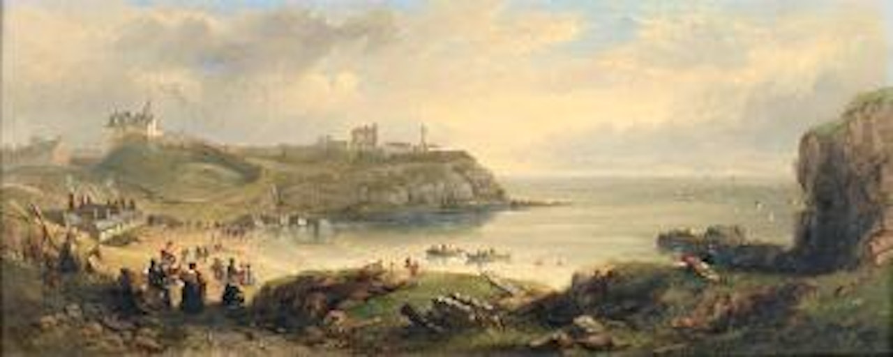 Tynemouth Priory and Castle, with the old lighthouse nearby, viewed from the south across the cove known as the Friar's Haven by John Wilson Carmichael