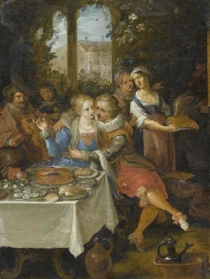 Elegant pair of lovers amongst foliage with roses by Frans Francken II