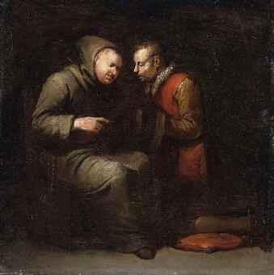 A monk listening to the confession of a kneeling man by Egbert van Heemskerk III